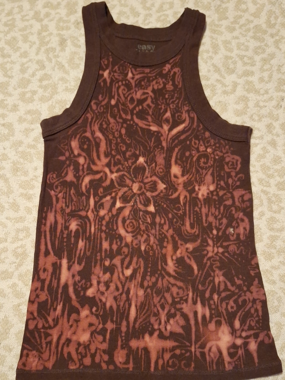 Hand Crafted Brown Tank Top with Pink Floral Tie-Dye